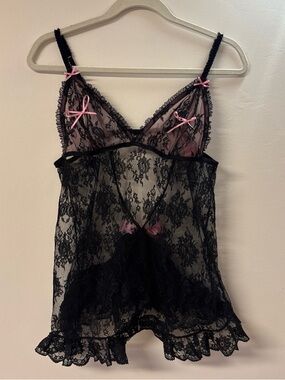 Victoria's Secret Black Lace Chemise with Pink Ribbon Accents